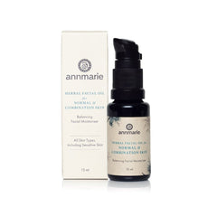 Herbal Facial Oil for normal and combination skin bottle with product box, balancing facial moisturizer, 15 ml.