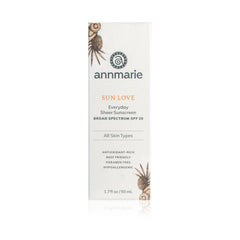 Sun Love Everyday Sheer Sunscreen SPF 20 product box packaging, antioxidant-rich reef-friendly sunscreen for all skin types.