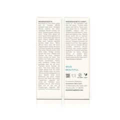 Herbal Facial Oil ingredient list showing botanical extracts, plant oils, and organic skincare ingredients on product packaging.
