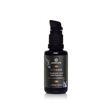 Hydrate Hyaluronic Acid with Peptides concentrated boosting elixir in a 1 oz dark glass pump bottle on a clean white background