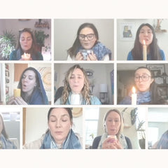 Video Annmarie Team on video call blowing out candles together as part of the Salt + Blue launch intention ceremony.